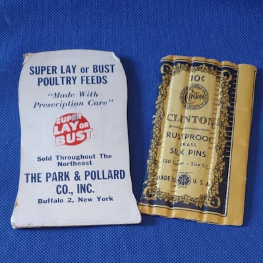 CLINTON BRASS SILK STRAIGHT PINS & MILK-MADE DAIRY ADVERTISING SEWING NEEDLES